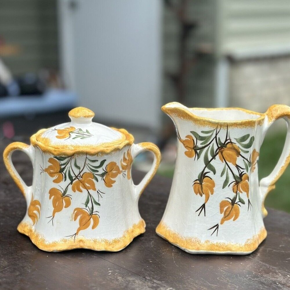 Vintage Cash Family Pottery Creamer & Sugar Orange Yellow Green Floral Erwin TN